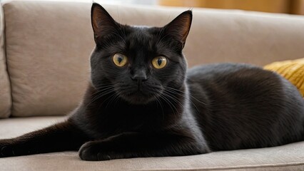 Black british shorthair cat lying on sofa at home