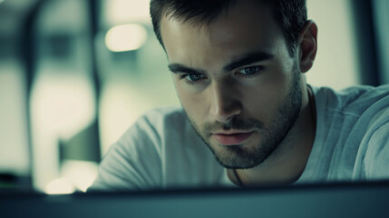 Intense young man in dramatic lighting. Perfect for emotional portraits, dramatic imagery, and character studies.