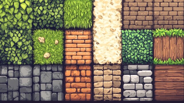 Pixel art game textures arranged in grid, highly detailed 8-bit style tiles, sand block, grass dirt block, orange brick wall, soil with grass top, ocean water gradient, stone blocks, clay terrain,