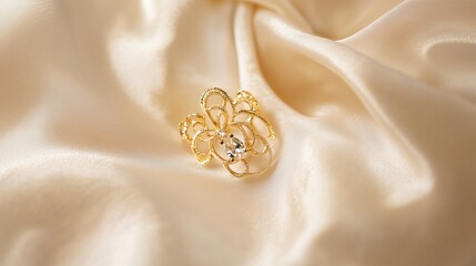 A Close up of a Gold Ring Sitting on Top of a Satin Sheet - Generative AI