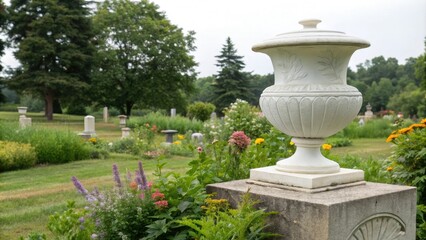 A beautiful white ceramic urn is positioned on a stone pedestal in the midst of a lush cemetery, surrounded by a diverse array of colorful wildflowers and foliage, cemetery, peaceful scene