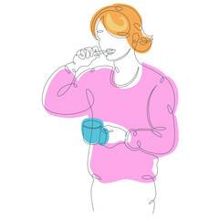 One continuous line drawing young woman squeezes toothpaste out of a tube. Teenage blonde brushes her teeth .Vector doodle illustration