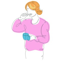 One continuous line drawing young woman squeezes toothpaste out of a tube. Teenage blonde brushes her teeth .Vector doodle illustration