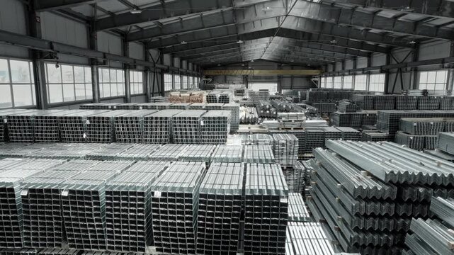 Finished goods warehouse. Steel beams and posts with galvanization, stored in the warehouse.