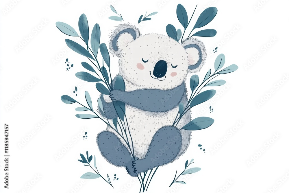 Poster Cute koala hugging leaves while resting comfortably in a serene environment surrounded by gentle greenery and soft colors. Generative AI