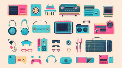 Retro pop culture icons collection, colorful flat design elements, pastel pink and bright blue palette, vintage electronics, fashion items, gaming devices, simple clean lines, playful nostalgic