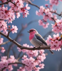 A bird perched on a branch with pink cherry blossoms, pink flowers, landscape , blossom