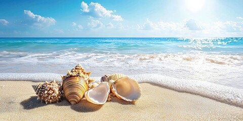 Sandy beach dotted with seashells under a warm, sunny sky