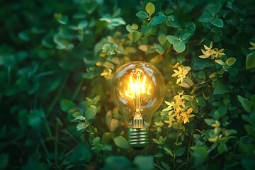 Sustainable Energy Concept with Light Bulb and Green Plants Representing Renewable Energy and Environmental Conservation