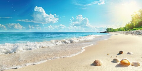 Sandy beach dotted with seashells under a warm, sunny sky