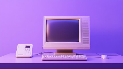 classic personal computer display, cream colored hardware, wired peripherals, muted purple backdrop, clean composition, 80s tech aesthetic, professional lighting