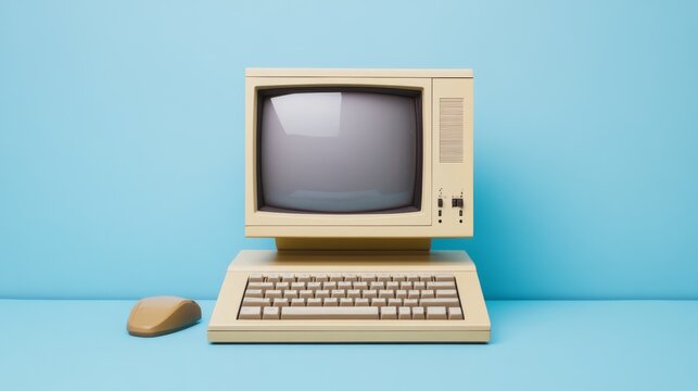 early desktop computer setup, compact monitor design, vintage keyboard layout, periwinkle background, professional product composition, nostalgic technology scene