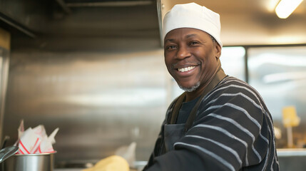 Happy African American chef in commercial kitchen. Perfect for food service, culinary arts, and workplace diversity.