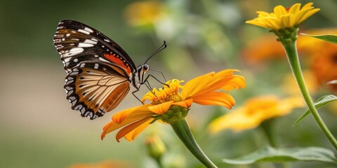 Obraz premium A delicate butterfly perched on a bright flower petal with intricate details, insect species, garden landscape, nature beauty, floral design