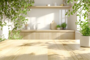 Sunny kitchen table mockup, plants, sunlight