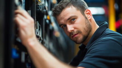 Professional technician maintaining server equipment in dark environment. Ideal for IT infrastructure, data center operations and technical expertise concepts.