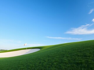 Golf course template with green grass, sand traps, and flagpole under a clear blue sky, nature, blue sky, green grass