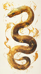 Obraz premium Golden Dragon or Golden Snake illustration design, minimalist, graphic design, clear scales, writhing body, white background, gold foil paper brush marks