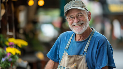 Senior gardener smiling while tending to plants. Perfect for retirement lifestyle, horticultural expertise and active aging concepts.