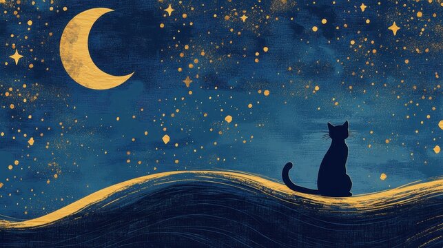 A Black Cat Gazes at a Crescent Moon and Starry Night Sky