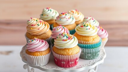 A delightful arrangement of cupcakes with swirled frosting and rainbow sprinkles, placed on a decorative pedestal, colorful, pastry, sprinkles