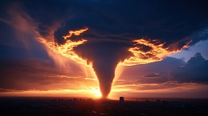 Obraz premium Fiery Sunset Tornado: A Dramatic Aerial View