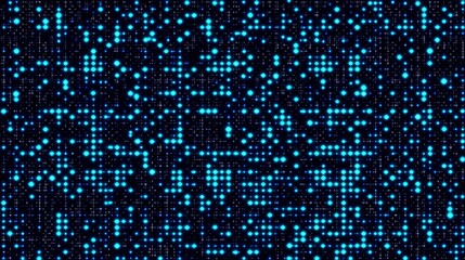 Abstract digital grid pattern, scattered glowing blue squares, dark navy background, geometric pixel mosaic, dissolving particle effect, cyberpunk aesthetic, technological minimalism, high contrast