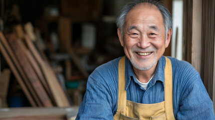 Senior Asian craftsman in blue apron smiling in workshop. Perfect for skilled trades, artisanal expertise, and traditional craftsmanship themes.
