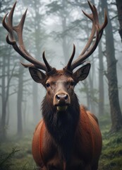Fototapeta premium A dramatic close-up shot of a red stag's face silhouetted in the swirling mist of a Scottish forest, its piercing eyes seeming to see right through the veil, deer, forest