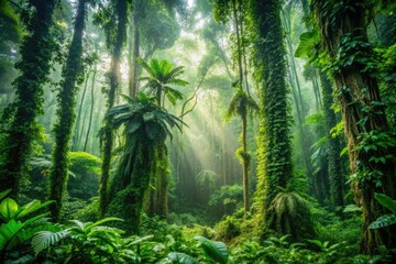 Fototapeta premium A dramatic and atmospheric shot of a dense jungle with tall trees, green vines, and exotic plants, set against a rich green background, calmness, earthy tones, exotic plants, tropical scenes