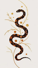 Fototapeta premium Dragon orSnake illustration design, minimalist, graphic design, clear scales, writhing body, gold foil paper brush marks