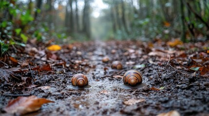 Colorful Snails Traversing a Forest Trail Amidst Autumn Leaves