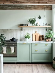 Fototapeta premium Modern Rustic Kitchen With Sage Green Cabinets And Wooden Beams