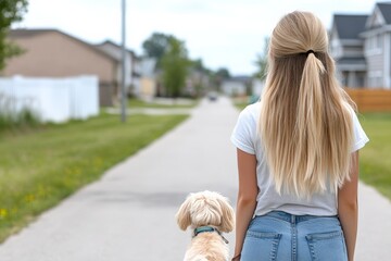 A stylish blonde woman in a pink jacket walking her dog in a park during autumn.