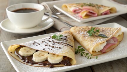 Artistic Plate of Sweet and Savory Crepes for Breakfast or Brunch