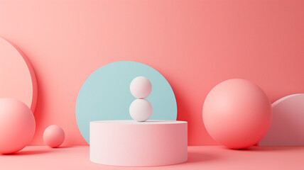Pastel pink background with 3D spheres, round shapes and podium.
