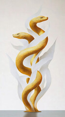 Fototapeta premium Golden Dragon or Golden Snake illustration design, minimalist, graphic design, clear scales, writhing body, white background, gold foil paper brush marks