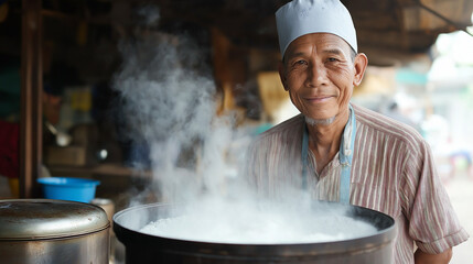Senior Asian chef with steaming pot in traditional setting. Perfect for culinary expertise, cultural cuisine, and professional cooking representation.