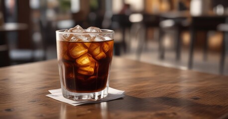 A glass of ice american coffee in a cafe table , table, beverage, refreshment