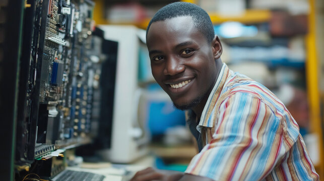 Cheerful African American technician working with servers. Perfect for IT diversity, technical expertise, and professional maintenance themes.