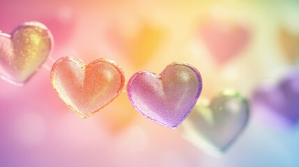 Obraz premium Bright and colorful hearts floating gracefully on a light pastel background, symbolizing love and affection for Valentine themes.