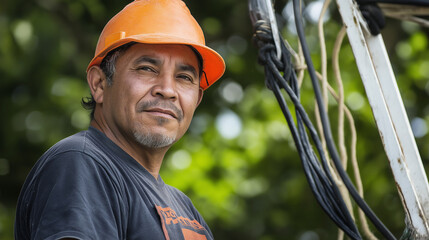 Latino electrical worker in hardhat smiling outdoors. Great for skilled trades, infrastructure maintenance, and professional expertise themes.