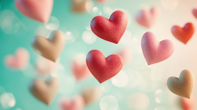 Bright and colorful hearts floating gracefully on a light pastel background, symbolizing love and affection for Valentine themes.