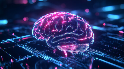 Futuristic digital brain in neon lights and circuitry