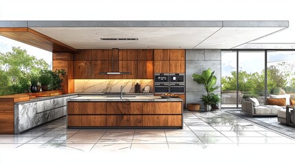 Modern kitchen design with natural elements and spacious layout
