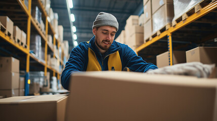 Warehouse worker organizing inventory in storage facility. Great for logistics, supply chain, and professional warehouse operations themes.