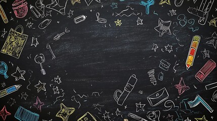 Back-to-school message on a blackboard with doodled stars and items