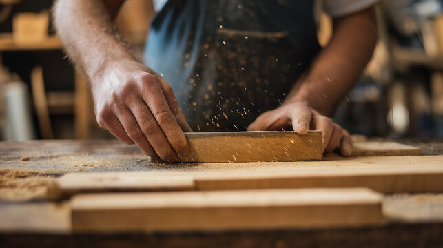 Close-up of hands working with wood in workshop. Great for craftsmanship, woodworking skill, and artisanal expertise concepts.