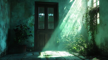 Obraz premium Mysterious dark room with a door and light coming from the window