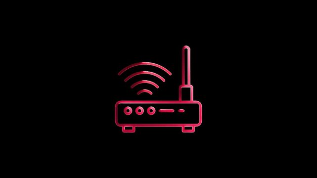 Glowing neon line Router and wi-fi signal icon isolated on black background. Wireless ethernet modem router. Computer technology internet. 4K Video motion graphic ..